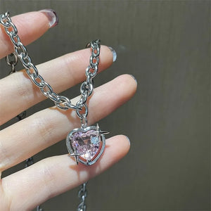 Stainless Steel Chain Pink Vermiculite Peach Color Galaxy Necklace Niche Design Love Crystal Pendant Versatile Collarbone Chain