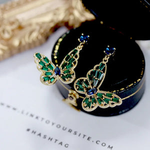 Vintage 925 Silver Green Zircon Butterfly Drop Earrings for Women Fashion Pendant Earring Female Wedding Bridal Ear Jewelry